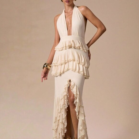 Dresses & Skirts - Apricot Sexy Women's Deep V-Neck Fitted Elegant Ruffle Hem Dress